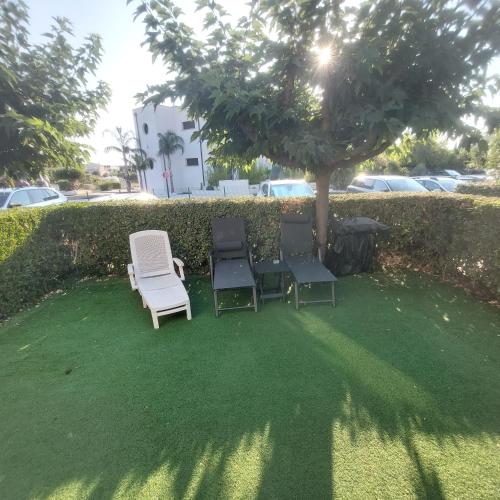 Trois chaises, une table et un arbre sur une pelouse dans l'établissement Maison climatisée & wifi avec piscine, à Saint-Cyprien