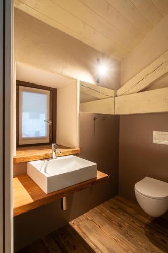 a bathroom with a sink and a toilet at Maison Rosset agriturismo, camere, APPARTAMENTI e spa in Valle d'Aosta in Nus