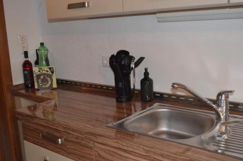 a kitchen counter with a sink and some bottles on it at Almhaus Sparwald in Teuchl
