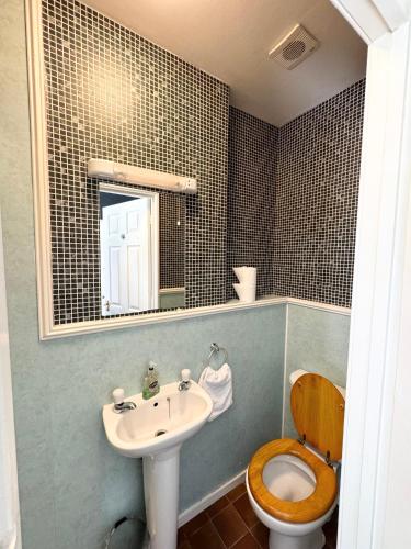 a bathroom with a sink and a toilet and a mirror at Murrayfield Park Guest House in Edinburgh