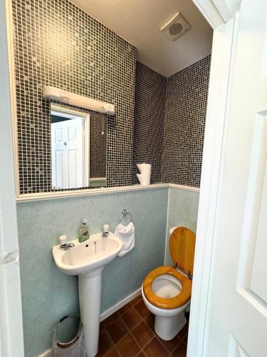 a bathroom with a sink and a toilet and a mirror at Murrayfield Park Guest House in Edinburgh