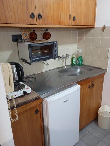 a kitchen with a sink and a microwave at Monoambiente céntrico con balcón - Posadas, Misiones in Posadas