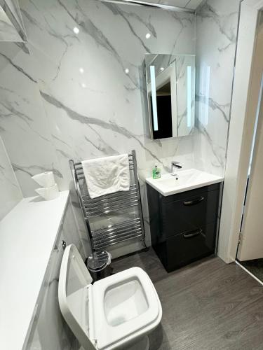 a white bathroom with a toilet and a sink at Murrayfield Park Guest House in Edinburgh
