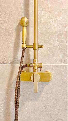 une pomme de douche en or fixée à un mur dans l'établissement Le Villermont - Liberation Centre Ville, à Nice