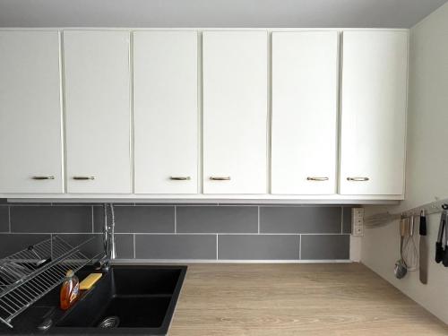 een keuken met witte kasten en een zwarte wastafel bij Appartement chaleureux en centre-ville in Clermont-Ferrand