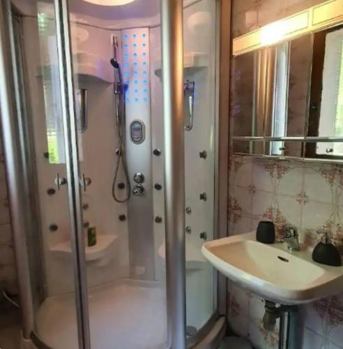 une salle de bain avec douche et lavabo dans l'établissement Chambres d'amis Petit déjeuner offert, à Vialas
