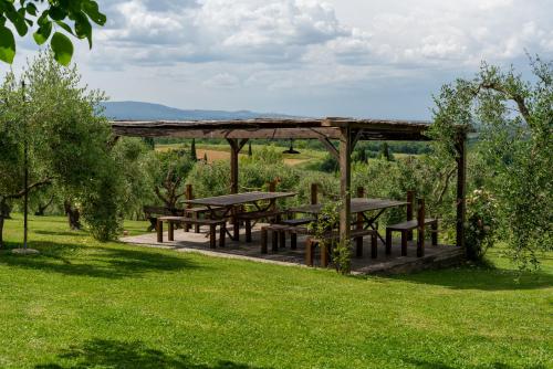 a picnic shelter with picnic tables in the grass at Relais CastelBigozzi in Monteriggioni