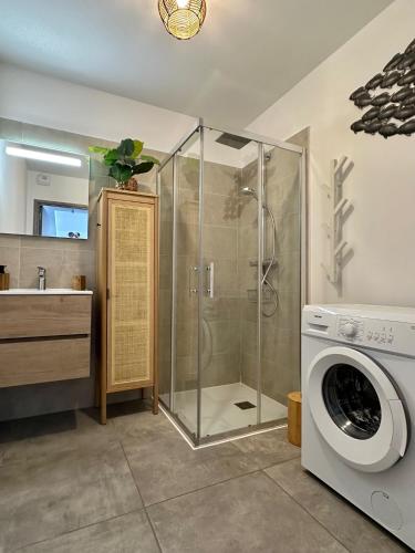 une salle de bain avec douche et machine à laver dans l'établissement Guedins'House, à Bonifacio