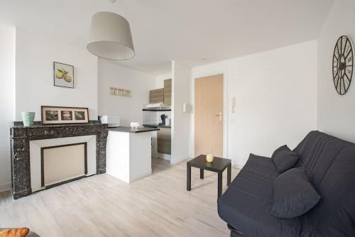 un salon avec un canapé et une cheminée dans l'établissement Aurore - T1 11, à Carcassonne