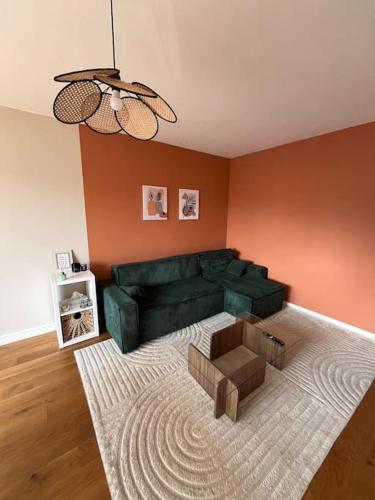 - un salon avec un canapé vert et un tapis dans l'établissement Appartement chaleureux, ensoleillé avec parking gratuit, à Caen