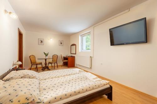 a bedroom with a bed and a flat screen tv at Agroturystyka Kaczy Brzeg in Rożnowo