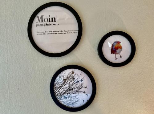 four round plates with a picture of a bird on a wall at FeWo Kajüte 10 - Carolinensiel in Carolinensiel