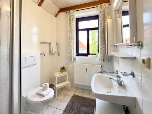 a bathroom with a sink and a toilet and a window at FeWo Kajüte 10 - Carolinensiel in Carolinensiel