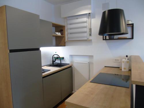 a small kitchen with a sink and a refrigerator at Appartamento Nicole in Ravascletto
