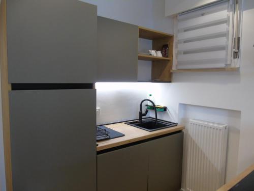 a small kitchen with a sink and a refrigerator at Appartamento Nicole in Ravascletto