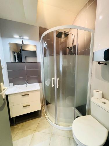 une salle de bain avec une douche, des toilettes et un lavabo dans l'établissement Les Ouches, à Fleurey-sur-Ouche