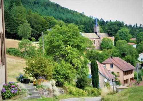 un pequeño pueblo en una colina con una iglesia en LA CLIMONTAINE BIS, en Urbeis