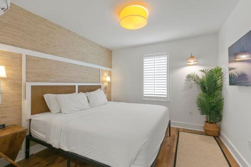 a bedroom with a white bed and a potted plant at Marsh Hotel in New Orleans