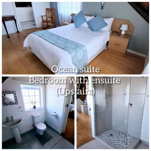 a bedroom with a bed and a bathroom with a toilet at Mond Kleine Guest House in Kleinmond