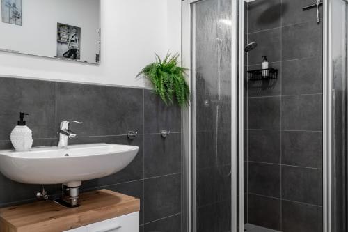 a bathroom with a sink and a shower at Design Luxus, Vollausstattung, Neubau, 30min Hbf Leipzig 8, Nähe Flughafen, BMW, DHL, Amazon in Schkeuditz