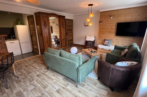 un salon avec deux canapés et une télévision dans l'établissement La Dorbluche duplex apartment 10-11 person, à Longefoy