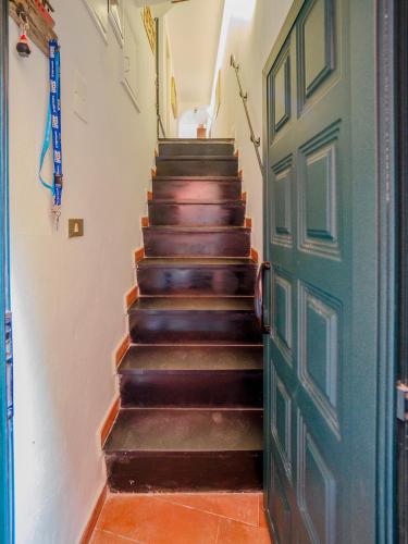 a stairway with a green door and some stairs at La Maison de la Mer with Terrace and AC in Vernazza