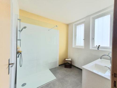 une salle de bain avec douche et lavabo dans l'établissement La Maison des Noyers #Parking#Calme#Terrasse, à Ceyrat
