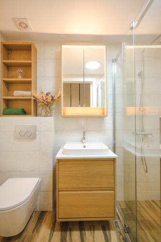 a bathroom with a sink and a toilet and a shower at theopisti home in Ouranoupoli