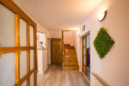 a hallway with a stairway with a green plant on the wall at Cuibul Zăganului - Relax, Sauna & SPA in Cheia