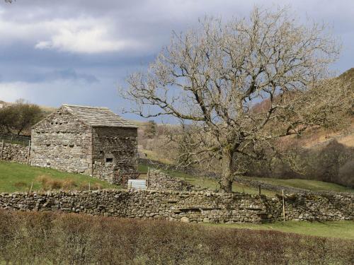an old stone building in a field with a tree at Keartons - Buttertubs in Richmond