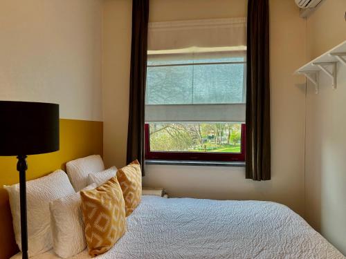 a bedroom with a bed with pillows and a window at Guesthouse De Wissen in Dilsen-Stokkem