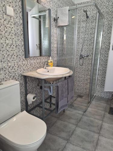 a bathroom with a sink and a shower and a toilet at Casa da Avó Teresa in Porto Santo