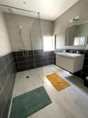 une salle de bain avec une douche, un lavabo et un miroir dans l'établissement Le logis des Lilas, à Corme-Royal