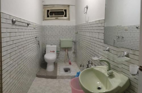 a bathroom with a sink and a toilet with a microwave at GOLDEN IBEX ReSOrT SKARDU in Skardu