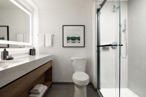 a white bathroom with a toilet and a shower at Sheraton Westport Plaza in Maryland Heights