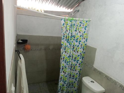 a bathroom with a shower curtain and a toilet at Guadalupe Herrera in Tola