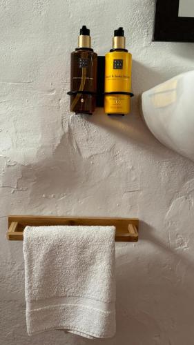 a towel rack with two bottles of soap and a sink at Apartamentos Jerez Siglo XIX in Jerez de la Frontera