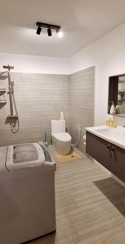 a bathroom with a toilet and a sink at Le Bouchon Public Beach Apartment in Bouchon