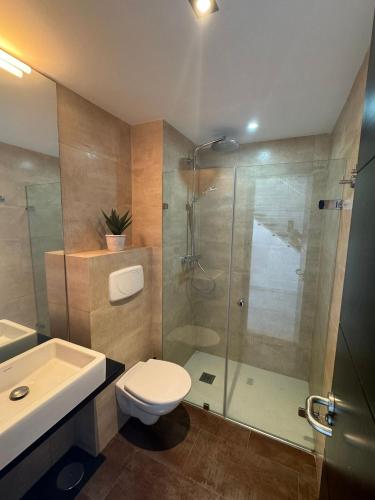 a bathroom with a shower and a toilet and a sink at REf 107 DUPLEX DUNA PLAYA ZAHARA in Zahara de los Atunes
