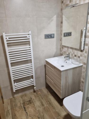 a bathroom with a sink and a mirror and a toilet at Casa Soro Ayna in Ayna