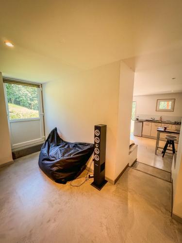 - un salon avec un sac noir au sol dans l'établissement Maisonnette des vignes, à Albertville