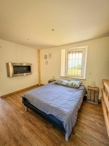 a bedroom with a bed and a flat screen tv at Maisonnette des vignes in Albertville