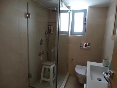 a bathroom with a shower and a toilet and a sink at Endless Blue - Rafina Seaview Apartment in Rafina