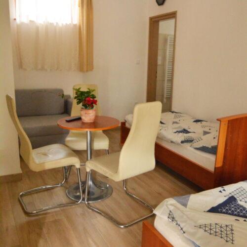 a small room with a bed and a table and chairs at Neuhercz Apartmanok Halászi in Halászi