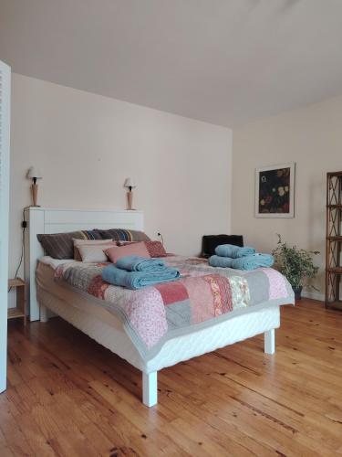 Cette chambre comprend un grand lit et du parquet. dans l'établissement Belle maison spacieuse près d'Arbois, à Mesnay