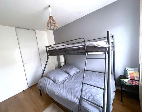 ein Schlafzimmer mit einem Etagenbett mit Leiter in der Unterkunft Maison cosy à Vaires sur Marne in Vaires-sur-Marne