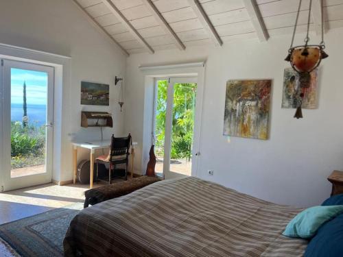 a bedroom with a bed and a desk and a table at Ferienhaus Finca Sonrisa in Puntagorda