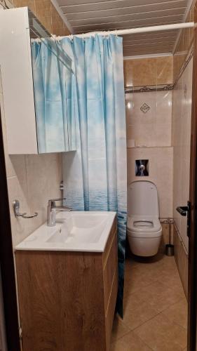 a bathroom with a sink and a toilet with a shower curtain at Цар Калоян in Primorsko