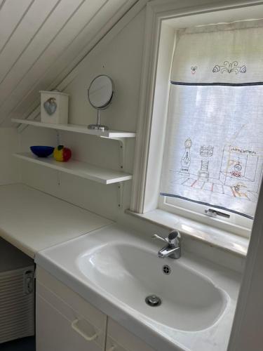 a bathroom with a sink and a window at Lantlig fristående lägenhet in Romelanda