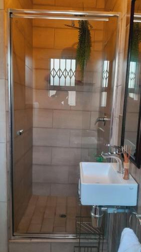a bathroom with a shower and a sink at Palma spaces in Pretoria